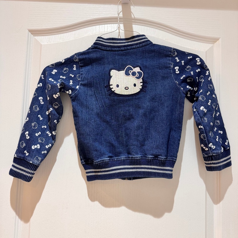 Vtg Kids Girls Hello Kitty 5T Denim Bomber Jacket Blue Sequin Bow Zipper Charm - Picture 9 of 16